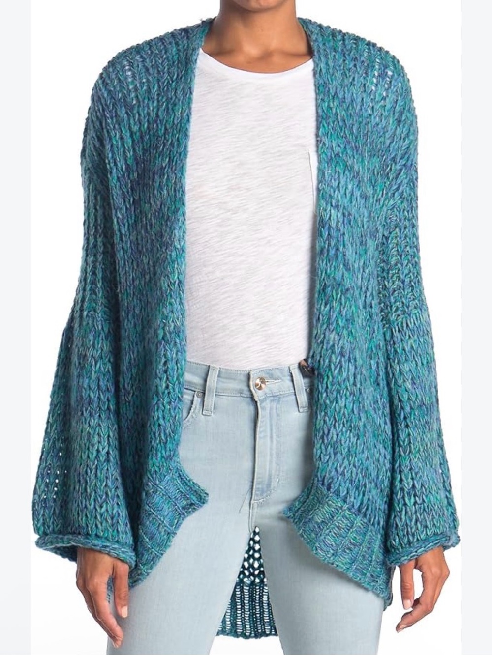 Free People Oversized Cozy
Chunky Knit Alpaca Cardigan Marled Blue 1 Button Sz M
